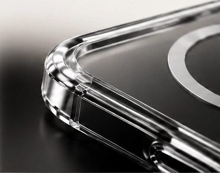 A detailed view of a clear phone case.