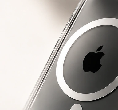A silver iPhone seen through the white magnetic ring of a clear case.