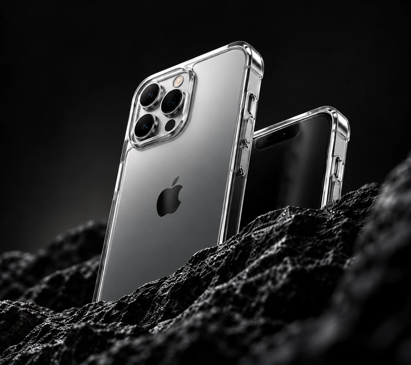 Clear-cased silver phones resting against dark sculptural stone.