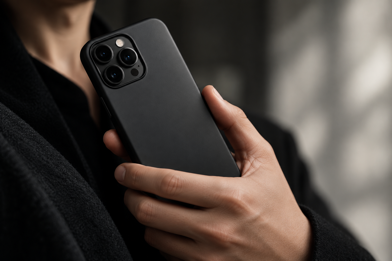 A charcoal matte case held in a hand.